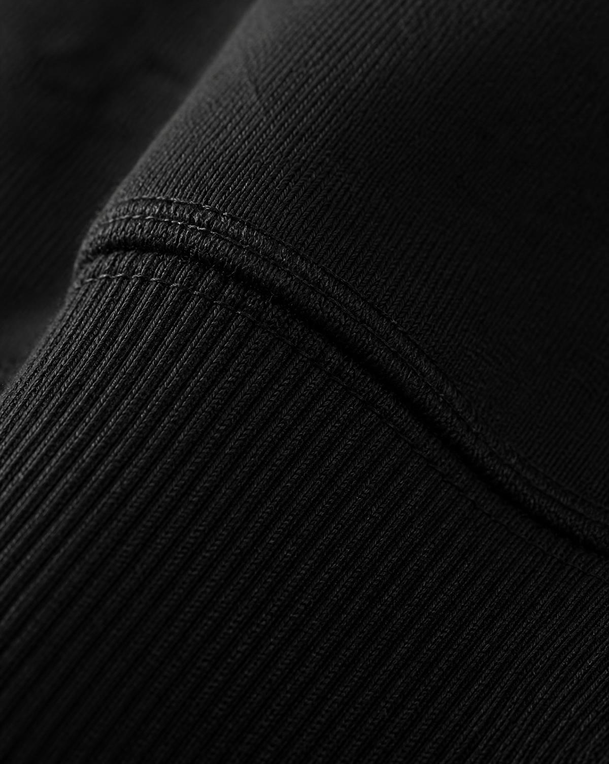 Close-up of heavyweight black cotton jersey and a ribbed cuff seam